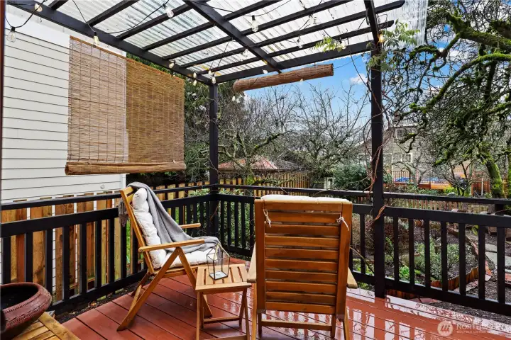 Out the French doors from the kitchen to the semi-covered deck...