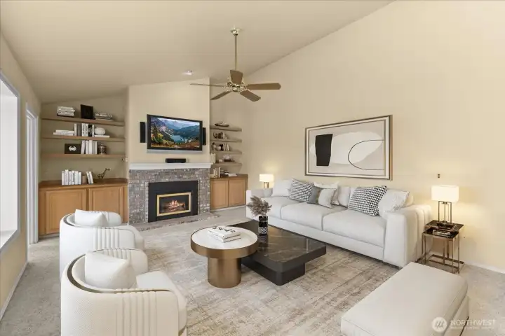 Great room anchored by beautiful built in shelving-virtually staged