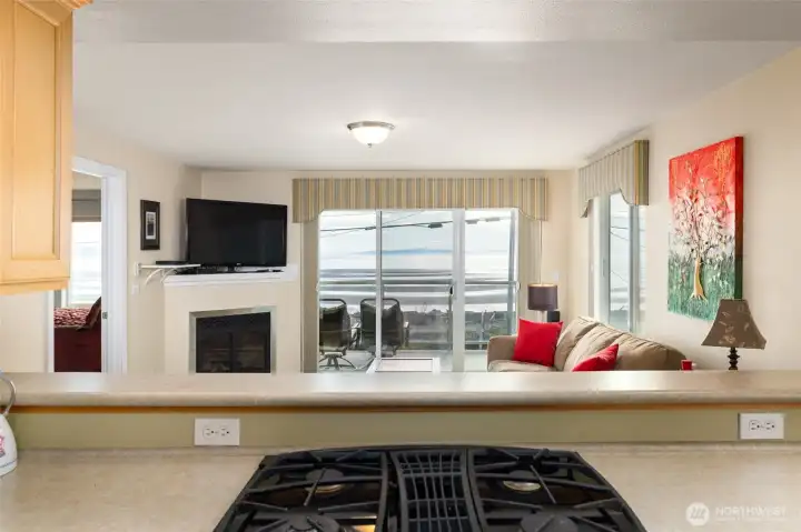 The bar height counter keeps guests in the living room from seeing kitchen clutter, but doesn't interfere with the panoramic bay views from the kitchen.