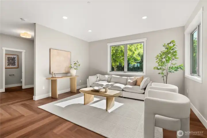 Living room view showing how close the powder room and front door are! Greet your guests and settle in for a warm visit Living room view showing how close the powder room and front door are! Greet your guests and settle in for a warm visit