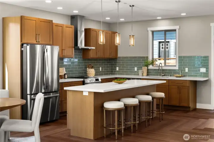 White oak cabinetry is located throughout the home, and yes, the refrigerator is included! White oak cabinetry is located throughout the home, and yes, the refrigerator is included!