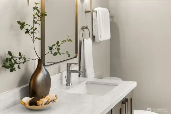 Detail of primary bathroom double vanity, featuring the same high quality white oak cabinetry and quartz counters Detail of primary bathroom double vanity, featuring the same high quality white oak cabinetry and quartz counters
