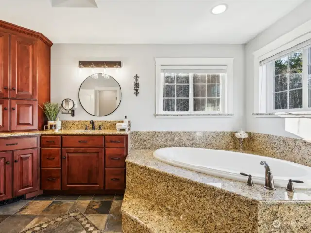 Primary bathroom with walk-in shower, soaking tub, dual vanities and a large walk-in closet.