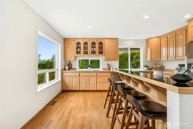 Main floor Kitchen with lots of space, abundant cabinetry, island with breakfast bar and hardwood floors. Enjoy as-is or reimagine the layout. There is lots of space to play with!