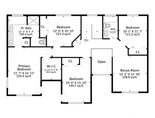 Upper level floor plan includes 4 spacious bedrooms, plus a versatile bonus room. Upstairs hallway overlooks central foyer, making the home feel cohesive and connected, though each space feels private.