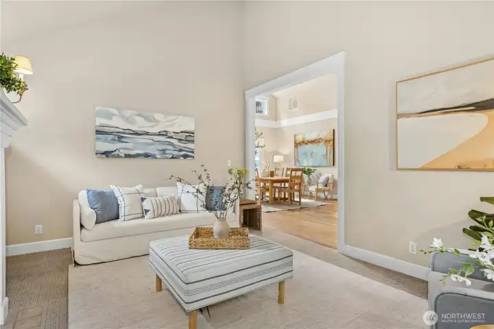 Generous vaulted ceilings and open design bring airy spaciousness to this charming cottage.