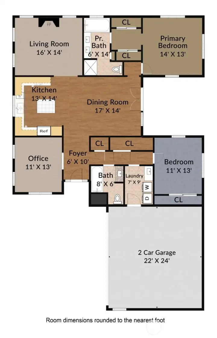 The thoughtful symmetrical floor plan emphasizes communal space while keeping bedrooms private.
