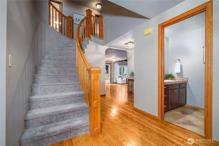 Step into the open foyer with a grand staircase, gleaming hardwoods, and fresh paint.