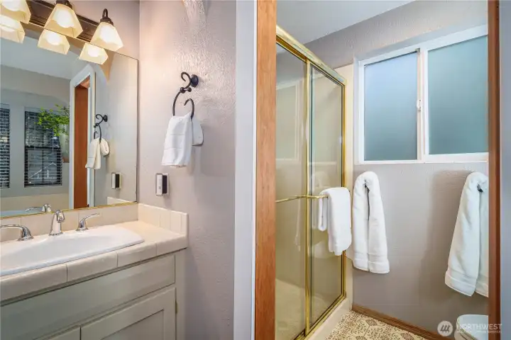 A separate shower and toilet are tucked behind a pocket door.