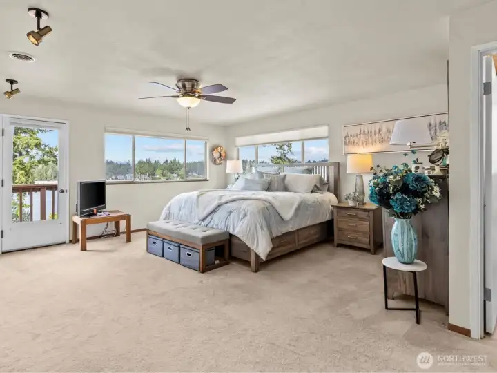 We Made it, welcome to the Primary Room that also has its own Private Deck, to Enjoy the Sunsets, Quiet Time, Reading or Tea.