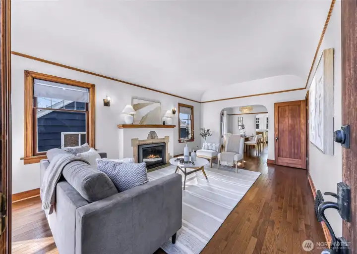 Living room flows into full size dining room.