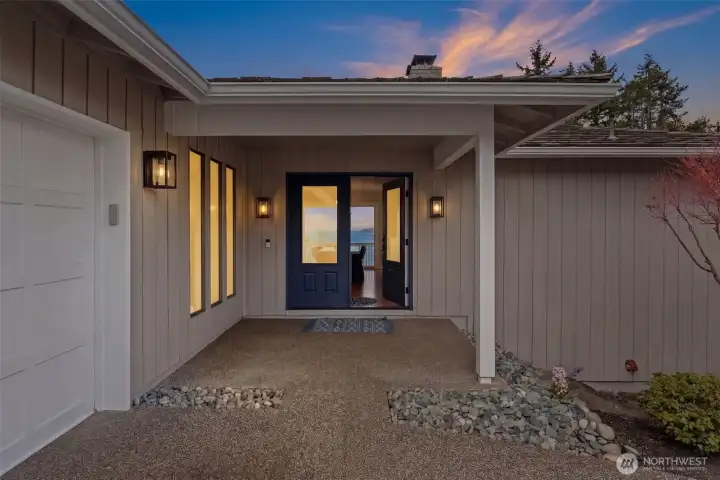 Twilight views of the entryway