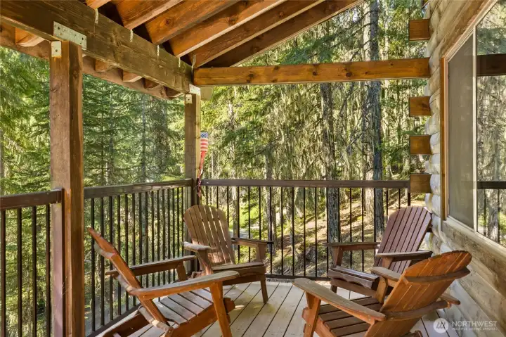 This beautiful deck perched the trees feels like an elegant tree house.