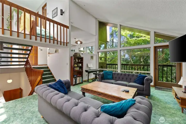 Large living room, with deck, fireplace, Enjoy soaring ceiling and windows galore.