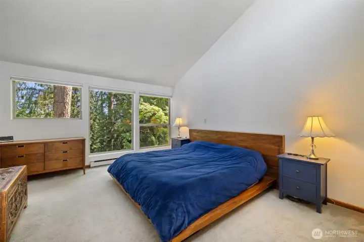 Primary suite, vaulted ceilings and wall of trees. Very Private outlook. Peek a Boo, Lake Sammamish views, Mini-Splits throughout the home offers year round heat or AC.