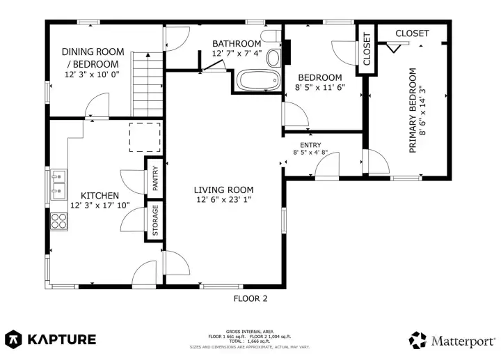 Main floor with dual entry bathroom and options to return to 3rd bedroom with closet in bath entry.