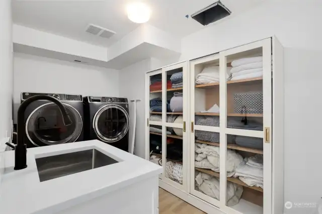 Laundry room with sink. Washer, dryer and storage cabinets stay!