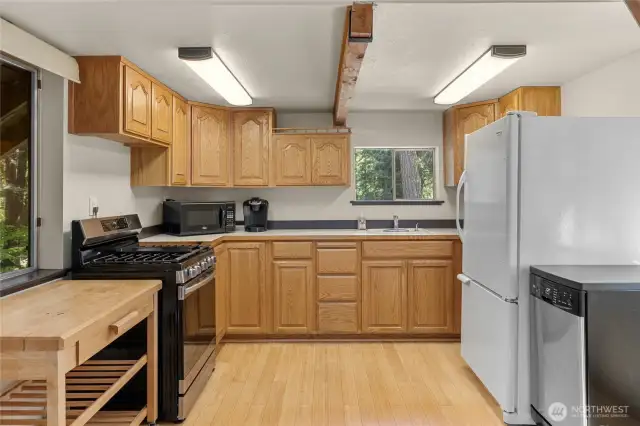 Big kitchen with fresh paint! Stove/range, dishwasher, fridge all stay. Nice rolling butcher block for kitchen projects.