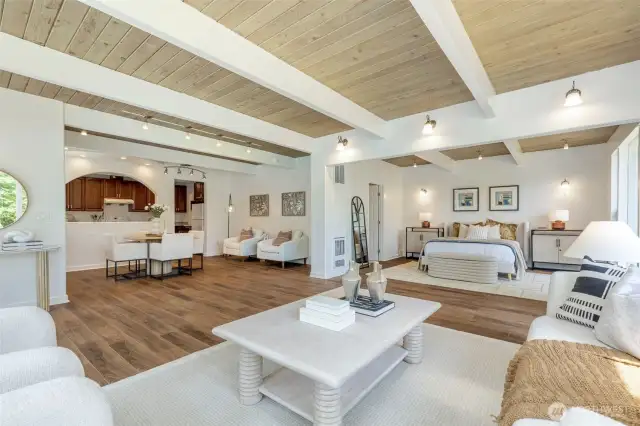 Equipped with a dining area and a full kitchen.