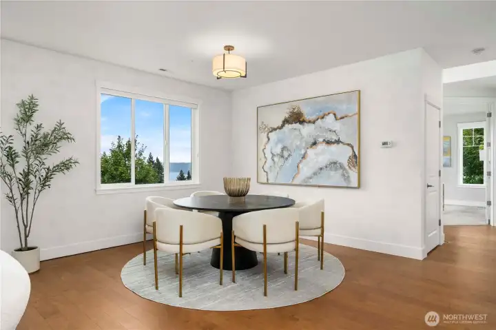 Formal dining with views of the lake and mountains