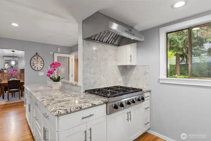 Granite counters - 6 burner Viking stove.