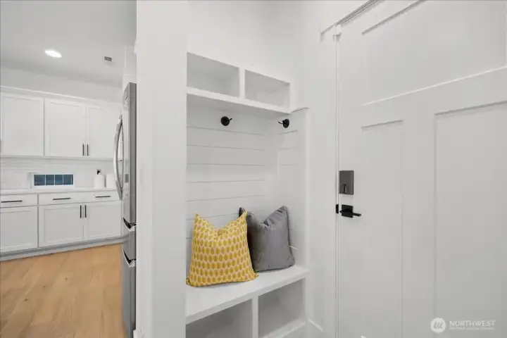 Mudroom with Built-In Storage Near Garage Ideal for Coats, Backpacks, and Shoes