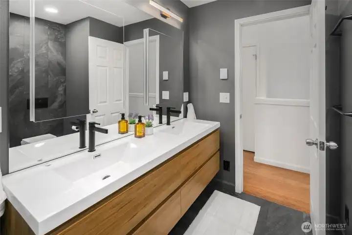 Full bath on the upper floor was renovated in 2023~ heated floors, deep MTI soaking tub, separate shower and O&N double vanity.