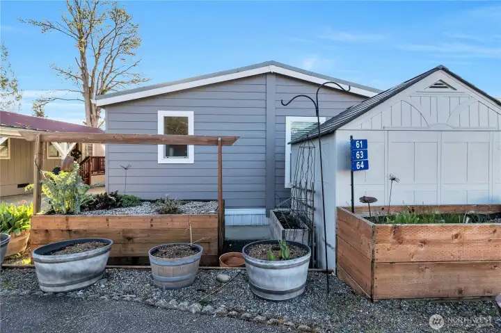 Garden beds and storage shed