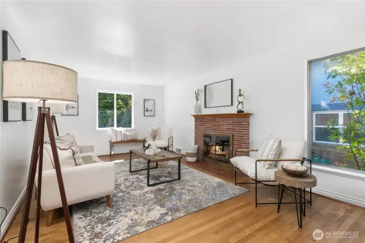 Living Room with wood fireplace.