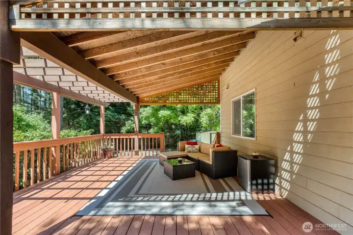 Relax on the covered back deck year round. Relax on the covered back deck year round.