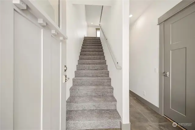 Carpeted staircase leading to second floor