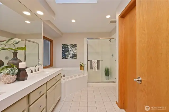 the 5 piece primary bathroom features a skylight,