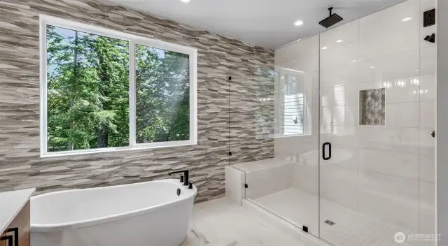 Tile work on the accent wall goes all the way to the ceiling, just like the rest of the house