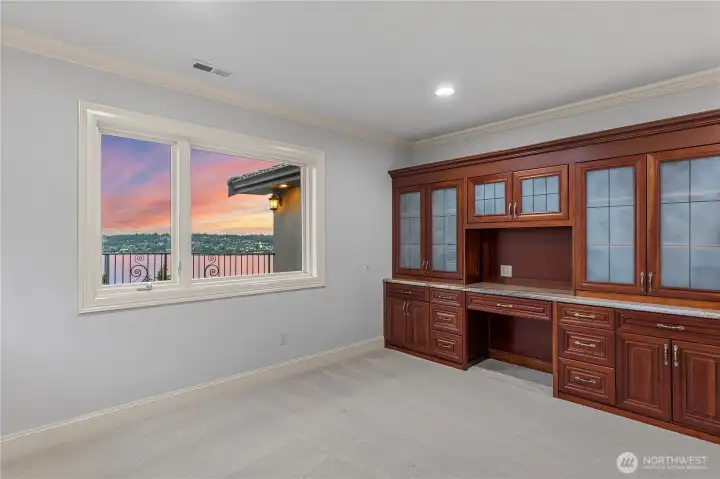 Upper lever bedroom with built ins and in suite bath