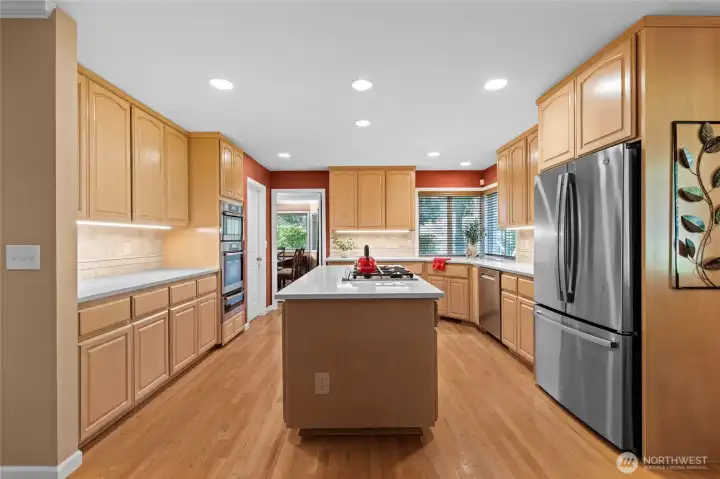 A chef's dream. This gourmet kitchen provides ample countertop space and storage for any desirable cooking you can dream of.