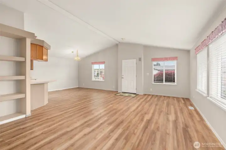 Living room with built in book case Living room with built in book case