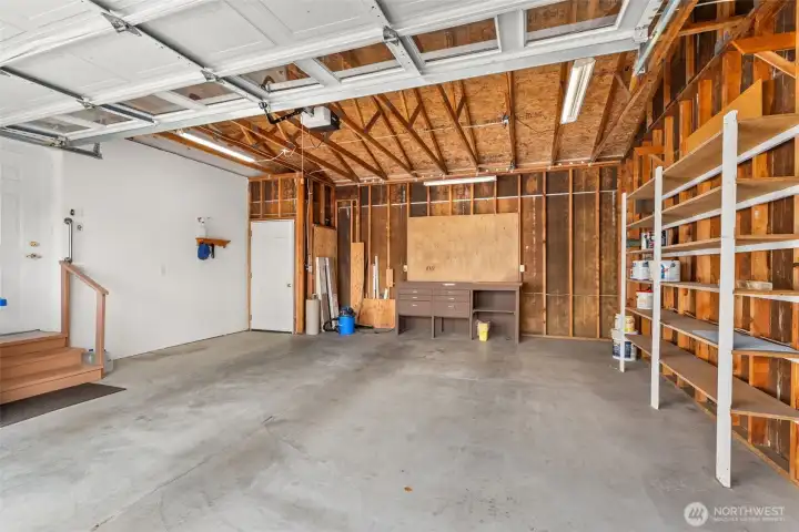 Large two car garage with work space Large two car garage with work space