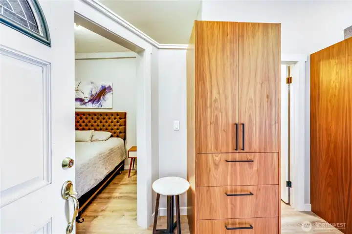 Upstairs unit is a one bedroom, queen sized bed to the left.