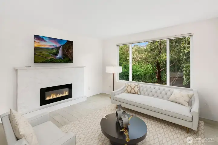 Living Area Features Eco-friendly Electric Fireplace - Virtually Staged