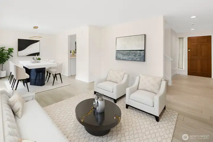 Living Area Toward Dining, Kitchen and Entry - Virtually Staged
