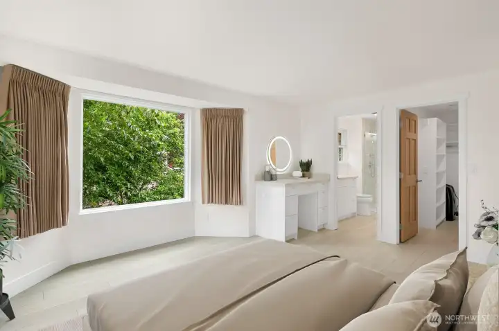 Primary Bedroom Toward Bay Window, Hollywood Vanity, Ensuite 3/4 Bath and Walk-in Closet - Virtually Staged