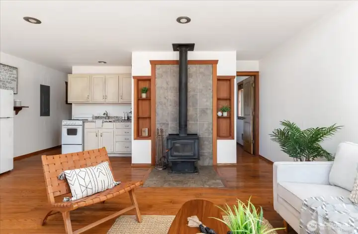 Great room with cozy wood stove.