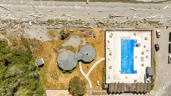 Aerial view of the clubhouse and pool