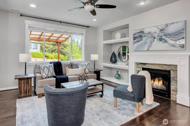 Gas Fireplace and built-in shelving
