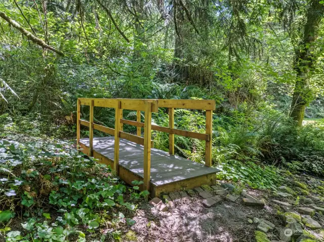 Sturdy bridge going over the babbling creek from the house over to the lower meadow and RV parking pad.
