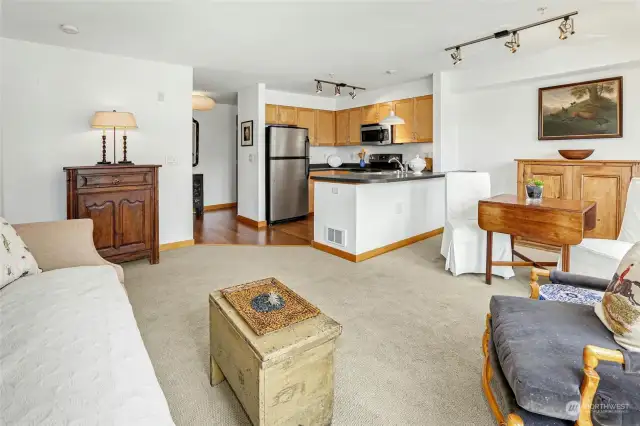 Welcome to this open floor plan unit, featuring an inviting foyer, living room, dining area, and kitchen, all bathed in natural light from expansive southern windows.