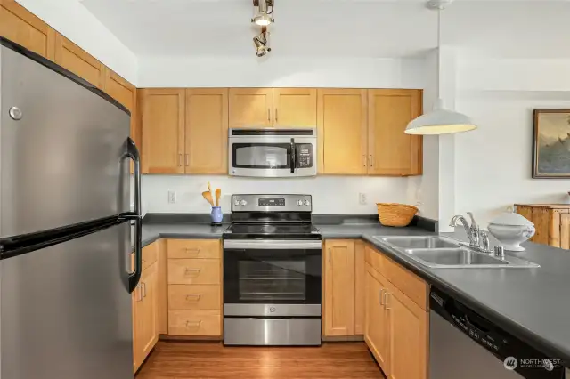 Ample counter space + stainless steel appliances.