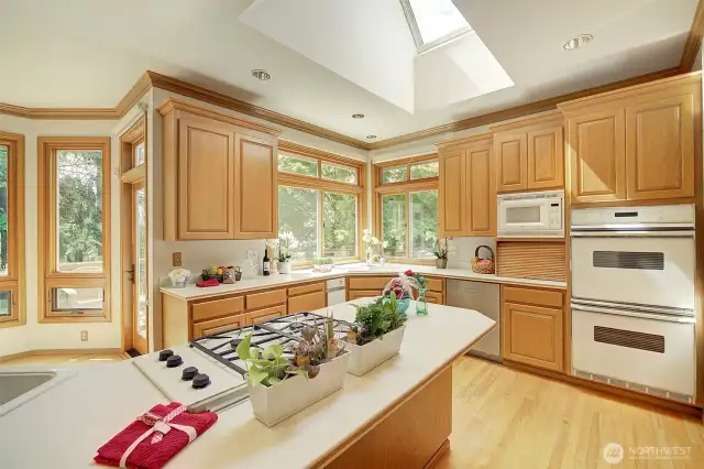 Open kitchen with gas cooking island and double oven