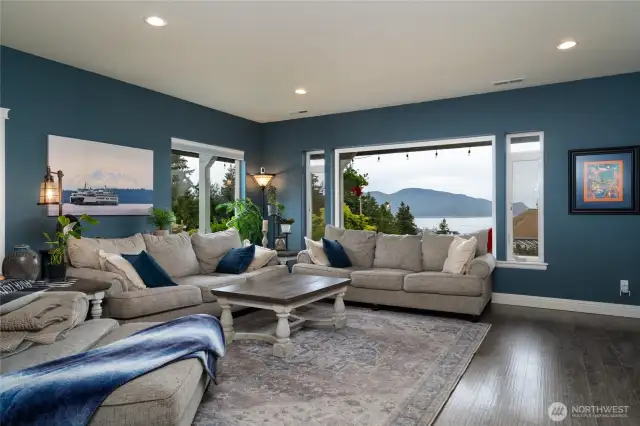 View from the spacious great room towards the ferry and San Juan Islands