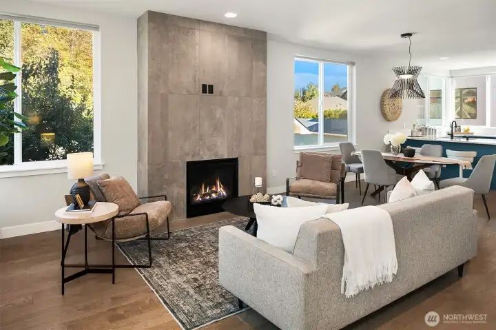 gas fireplace in large living room.